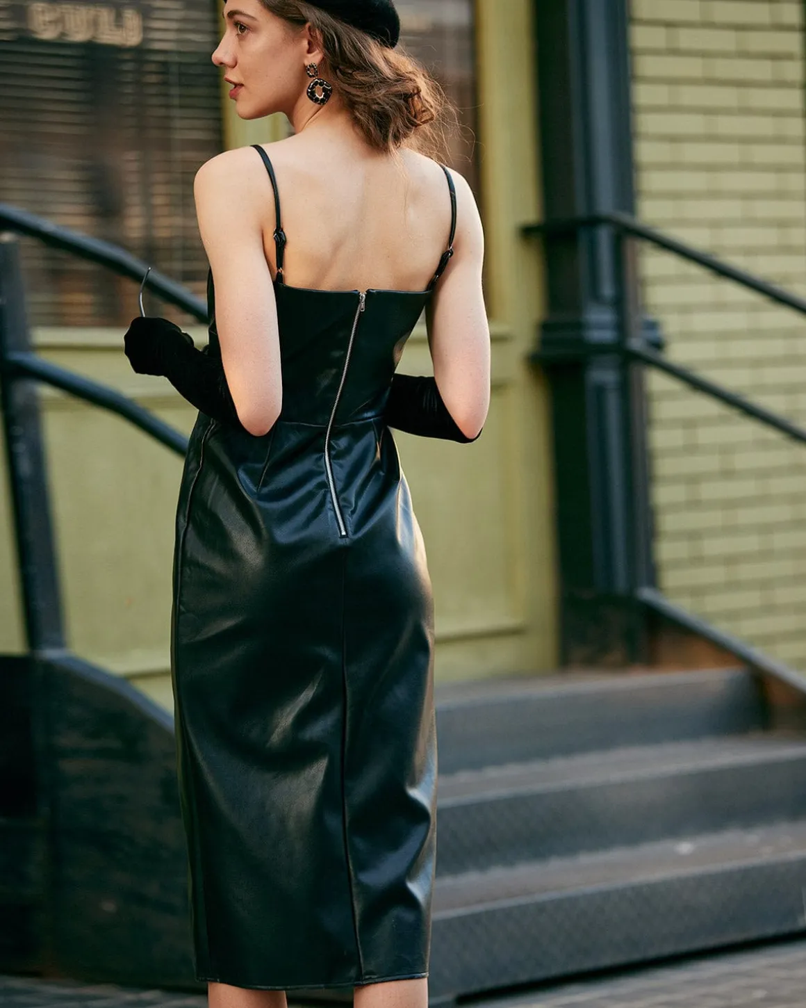 The Side Slit PU Leather Sling Midi dress