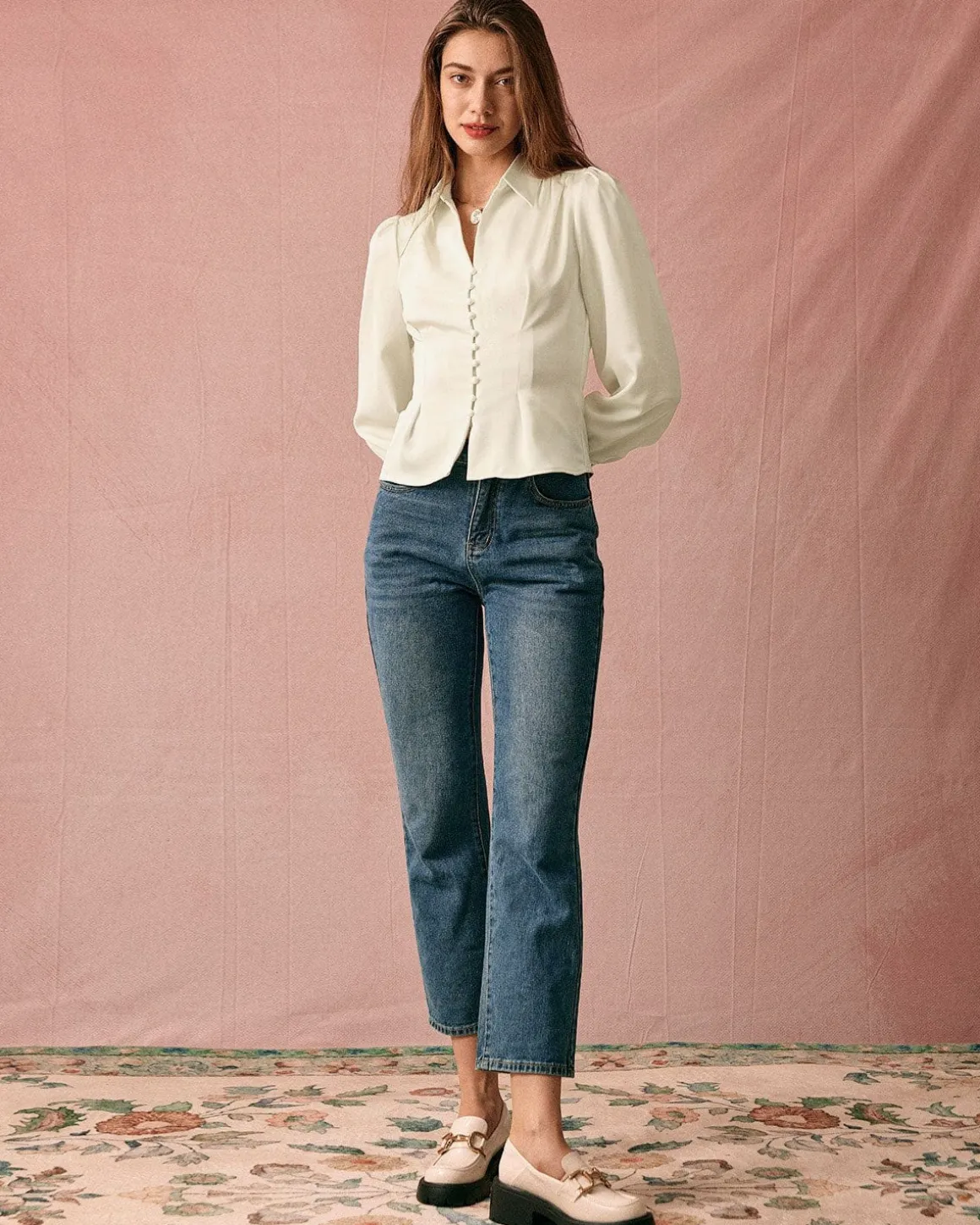 The Solid Collared Puff Sleeve Satin Blouse