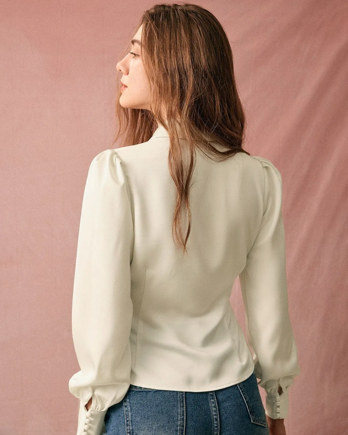 The Solid Collared Puff Sleeve Satin Blouse