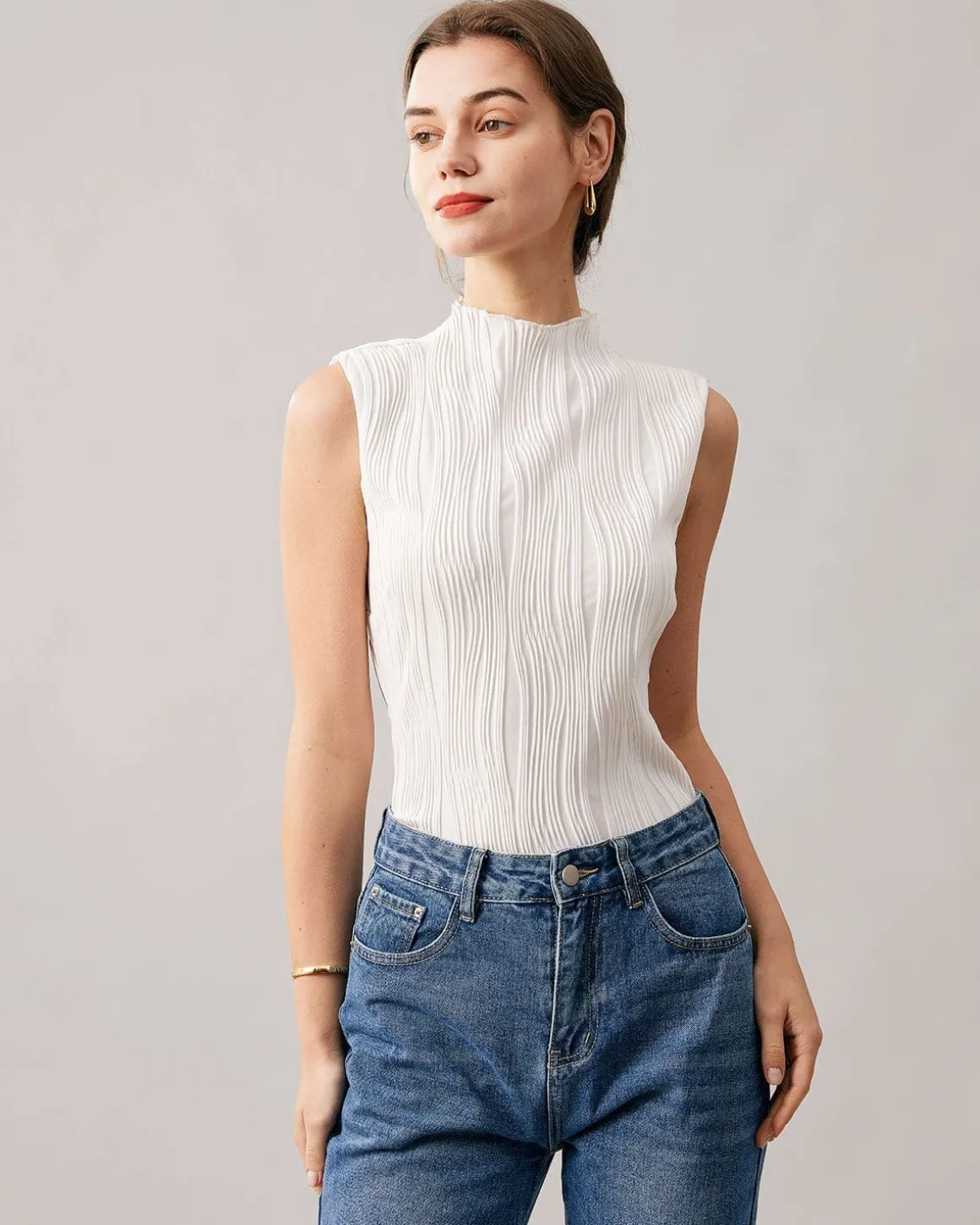 The Solid Mock Neck Water Ripple Textured Tank Top