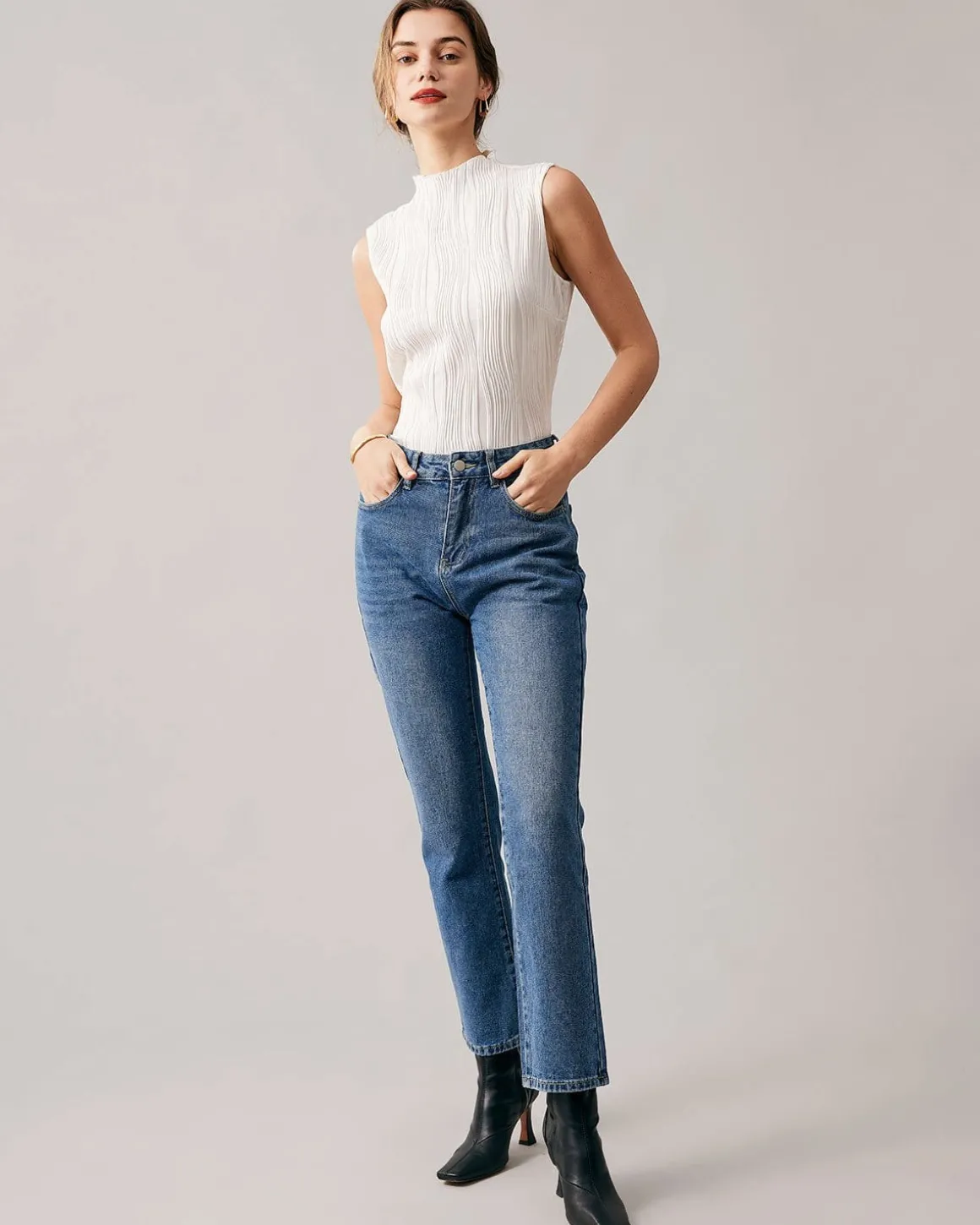 The Solid Mock Neck Water Ripple Textured Tank Top