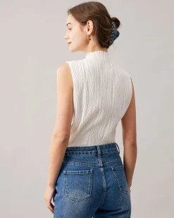 The Solid Mock Neck Water Ripple Textured Tank Top