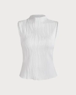 The Solid Mock Neck Water Ripple Textured Tank Top