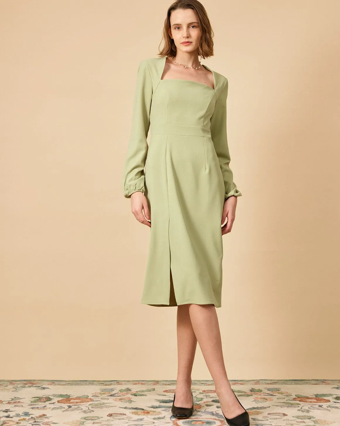 The Solid Square Neck Long Sleeve Dress