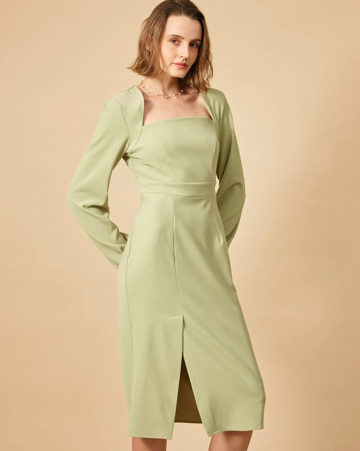 The Solid Square Neck Long Sleeve Dress