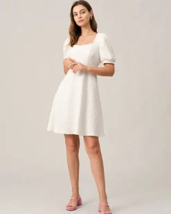 The Solid Textured Puff Sleeve Mini Dress