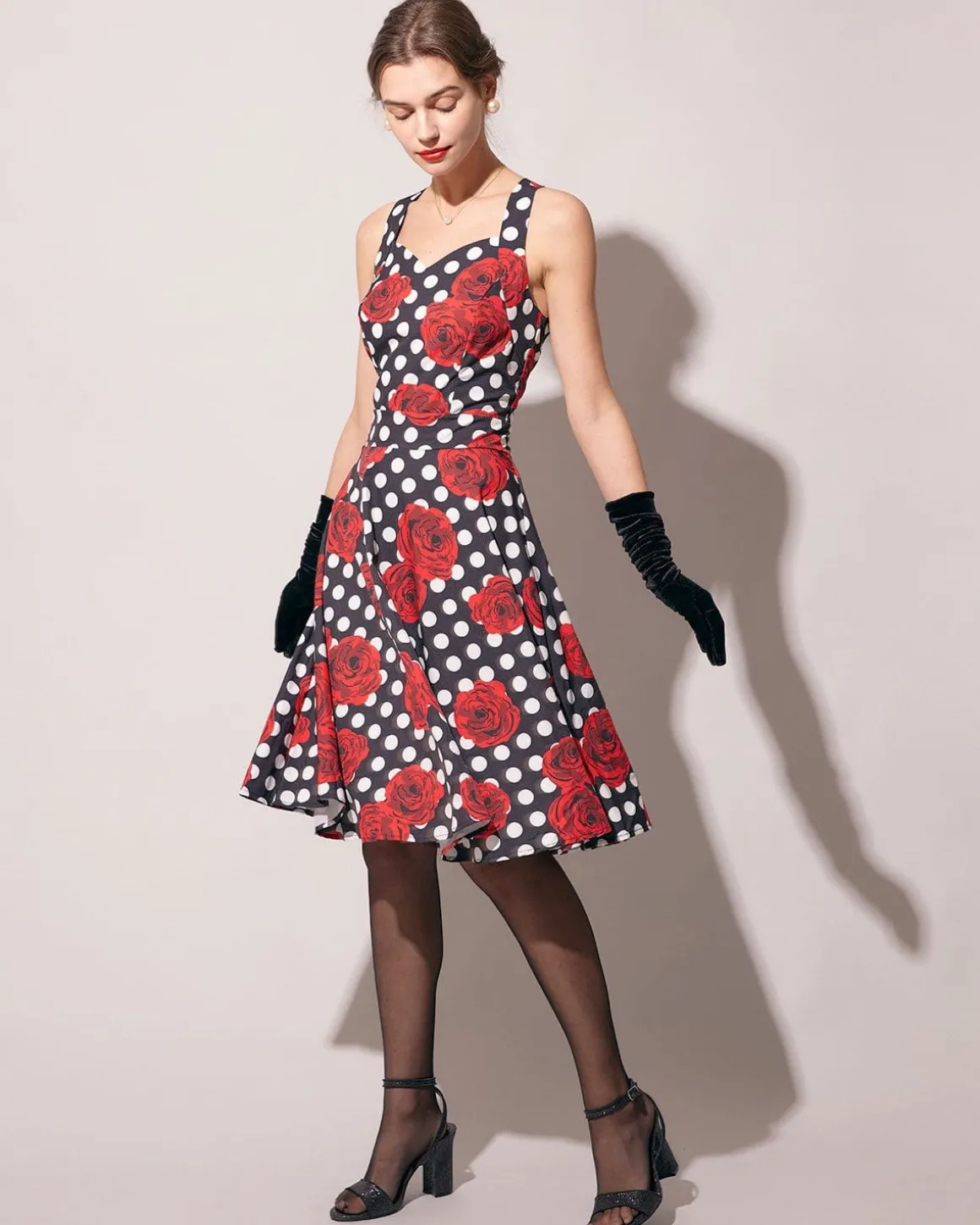The Sweetheart Neck Polka Dot Rose Halter Midi Dress