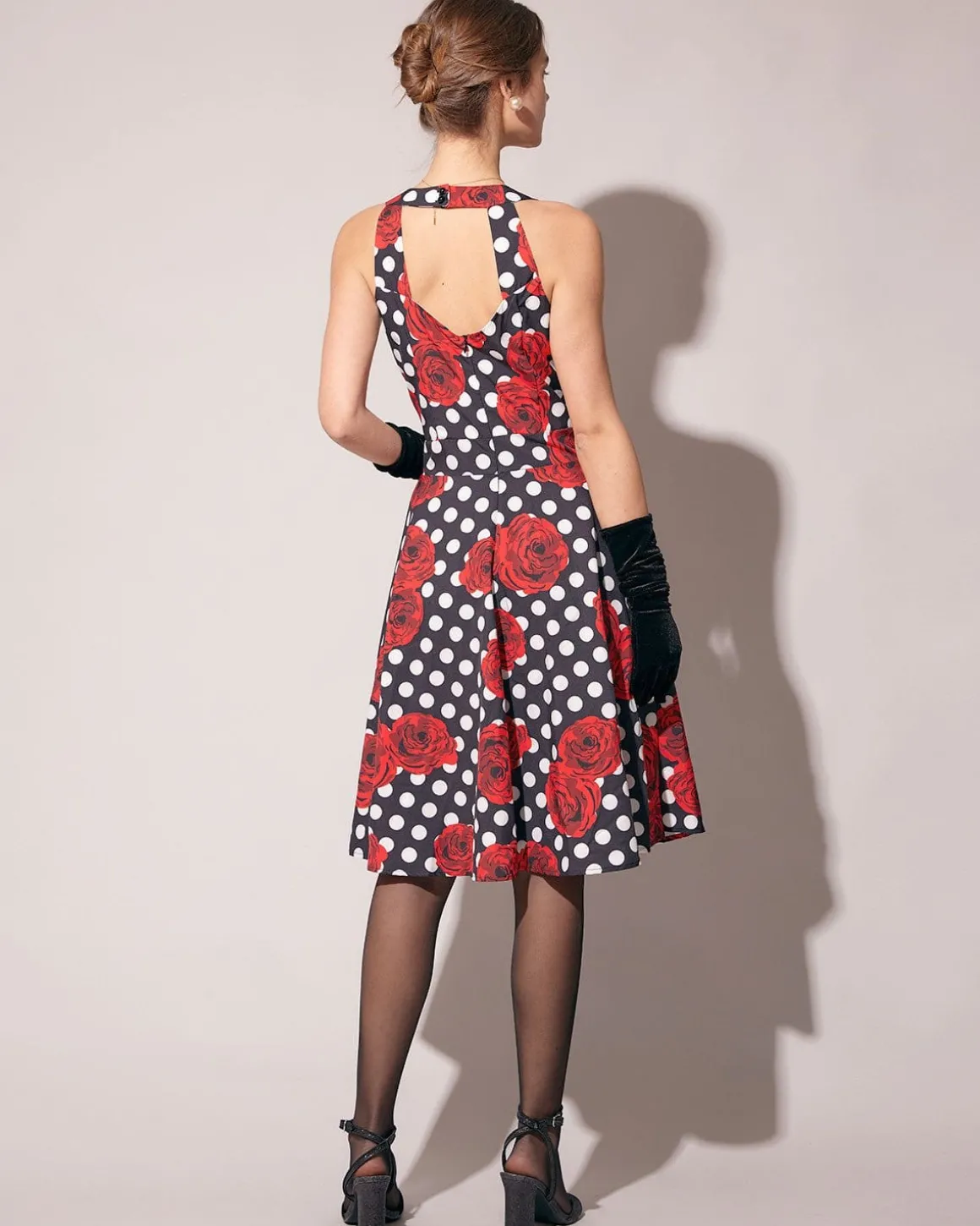 The Sweetheart Neck Polka Dot Rose Halter Midi Dress