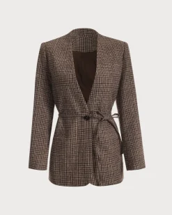 The V Neck Plaid Single Button Blazer