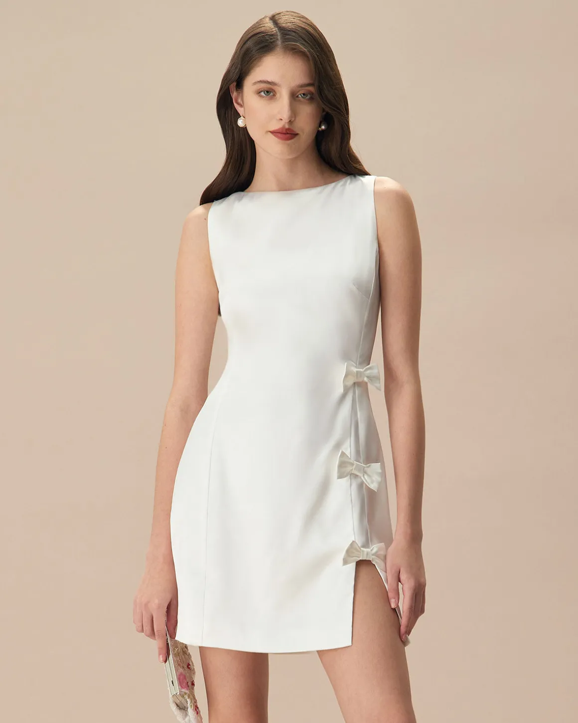 The White Boat Neck Bowknot Satin Mini Dress