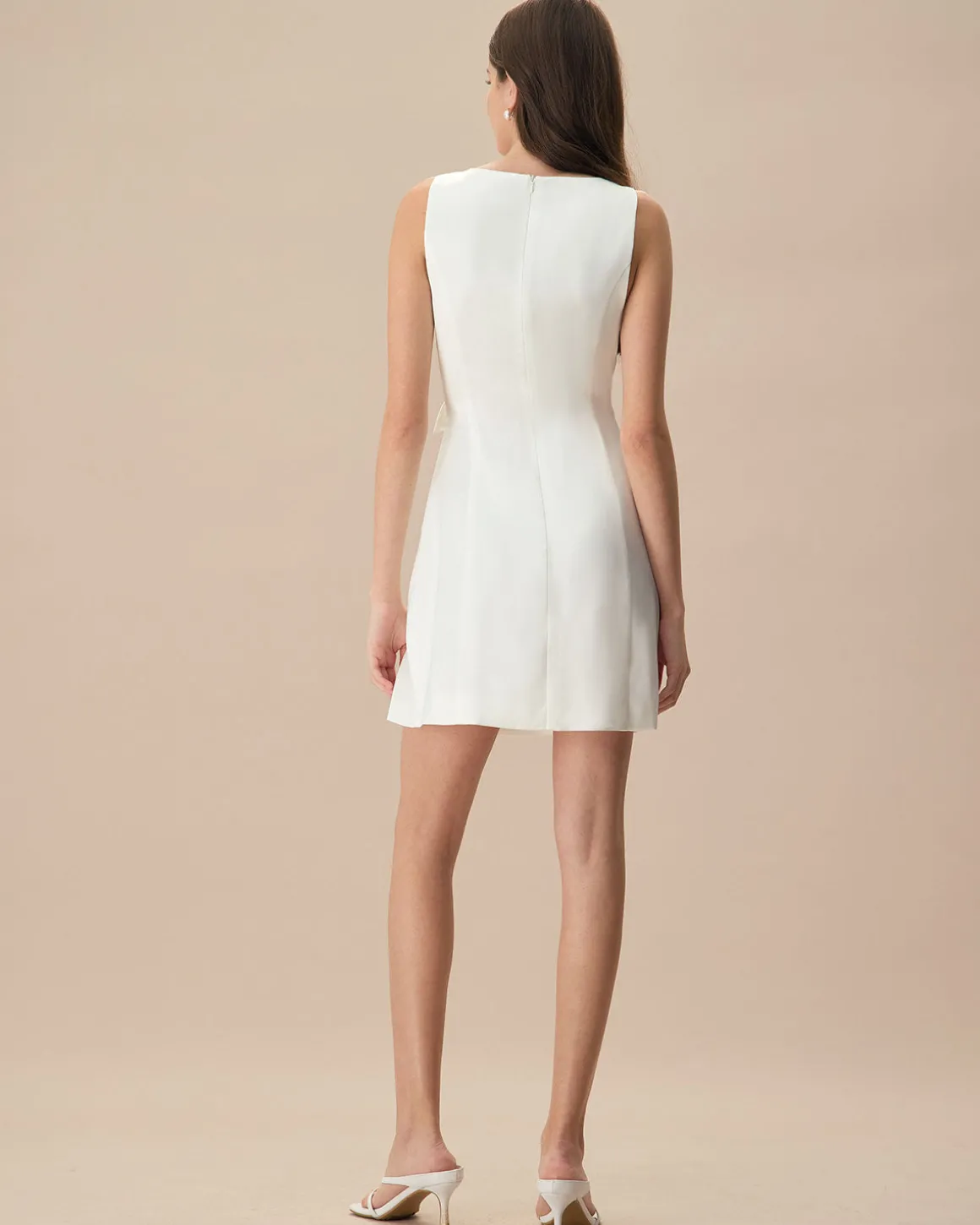 The White Boat Neck Bowknot Satin Mini Dress