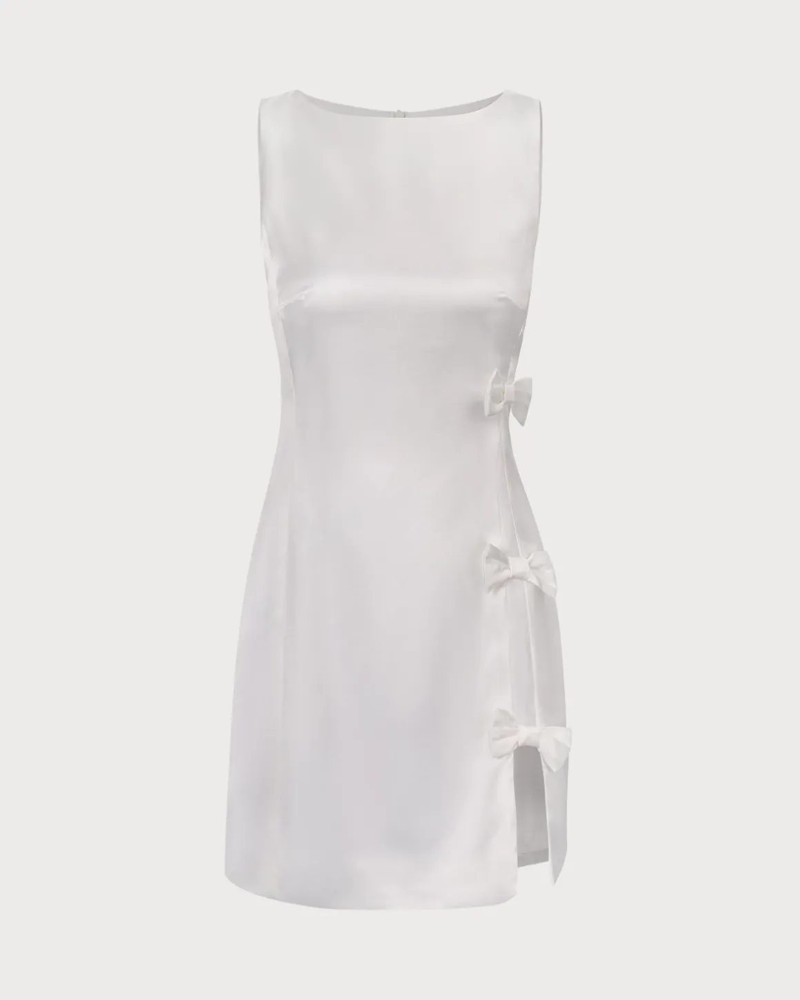 The White Boat Neck Bowknot Satin Mini Dress