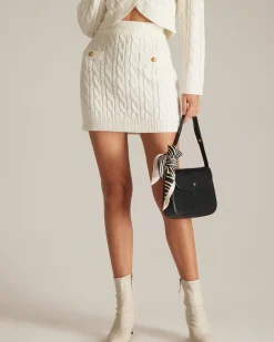 The White Elastic Waist Button Cable Mini Skirt