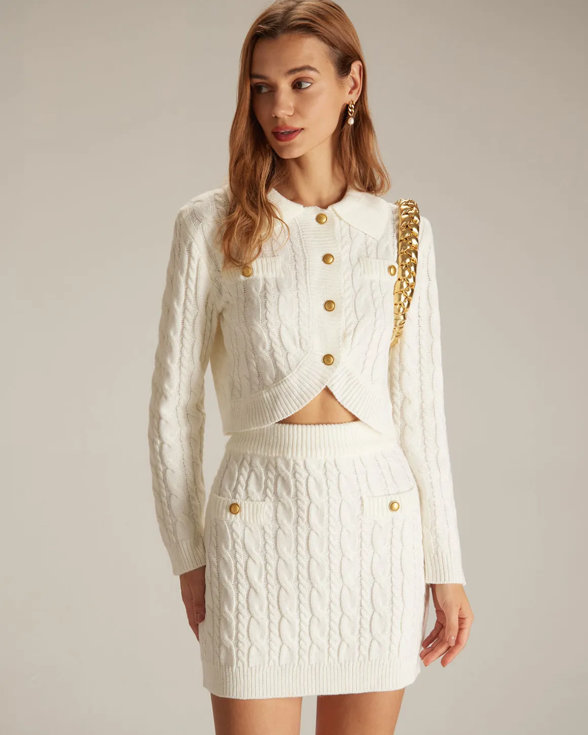 The White Elastic Waist Button Cable Mini Skirt