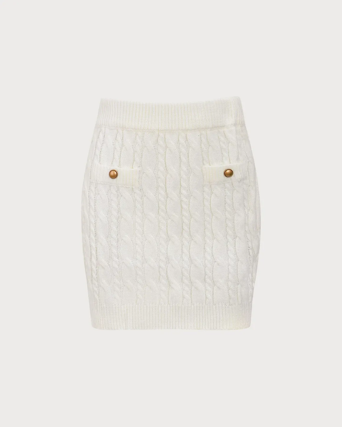 The White Elastic Waist Button Cable Mini Skirt