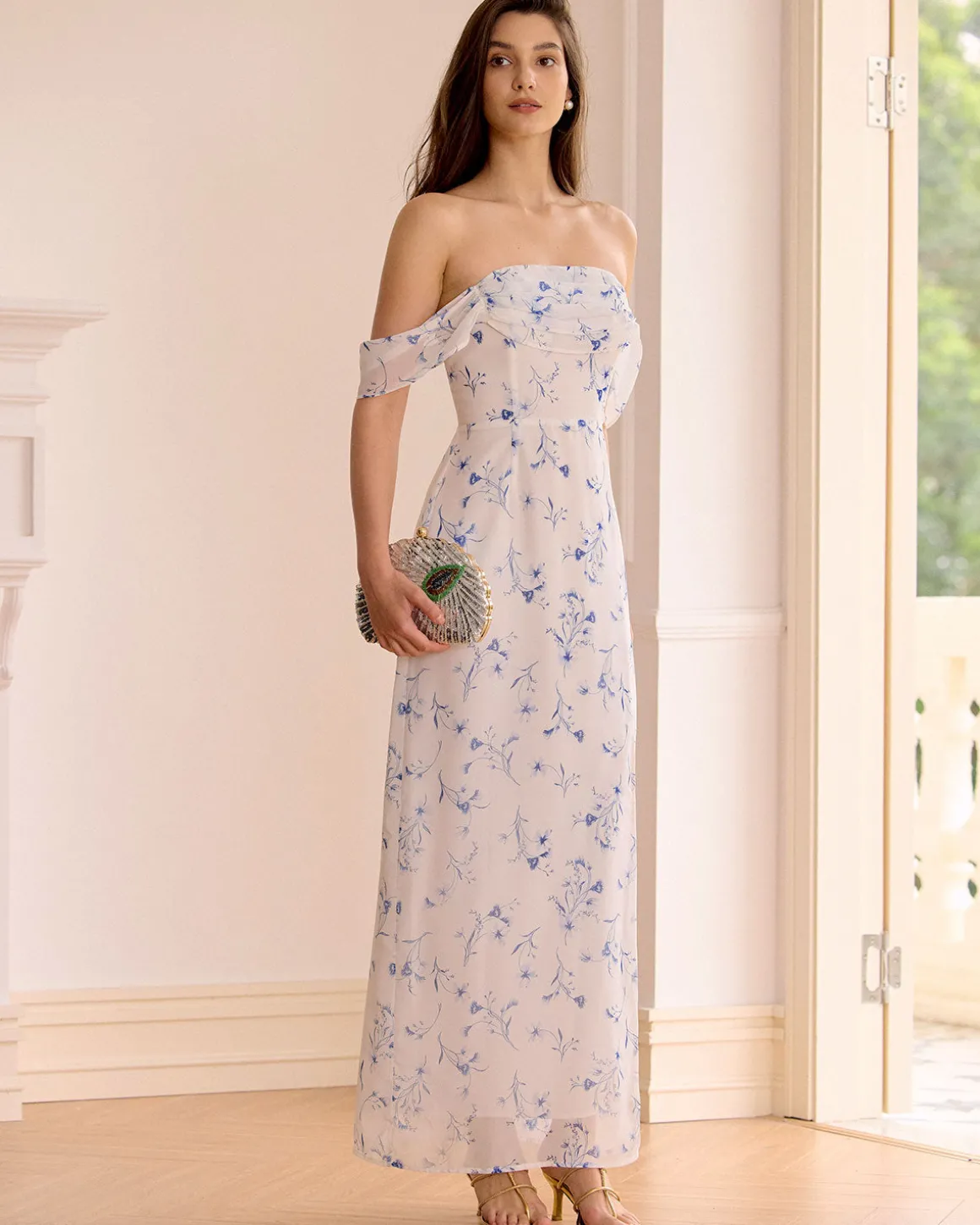 The White Floral Slit Strapless Maxi Dress