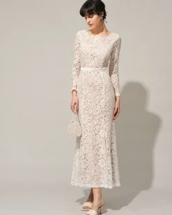 The White Lace Long Sleeve Backless Maxi Dress