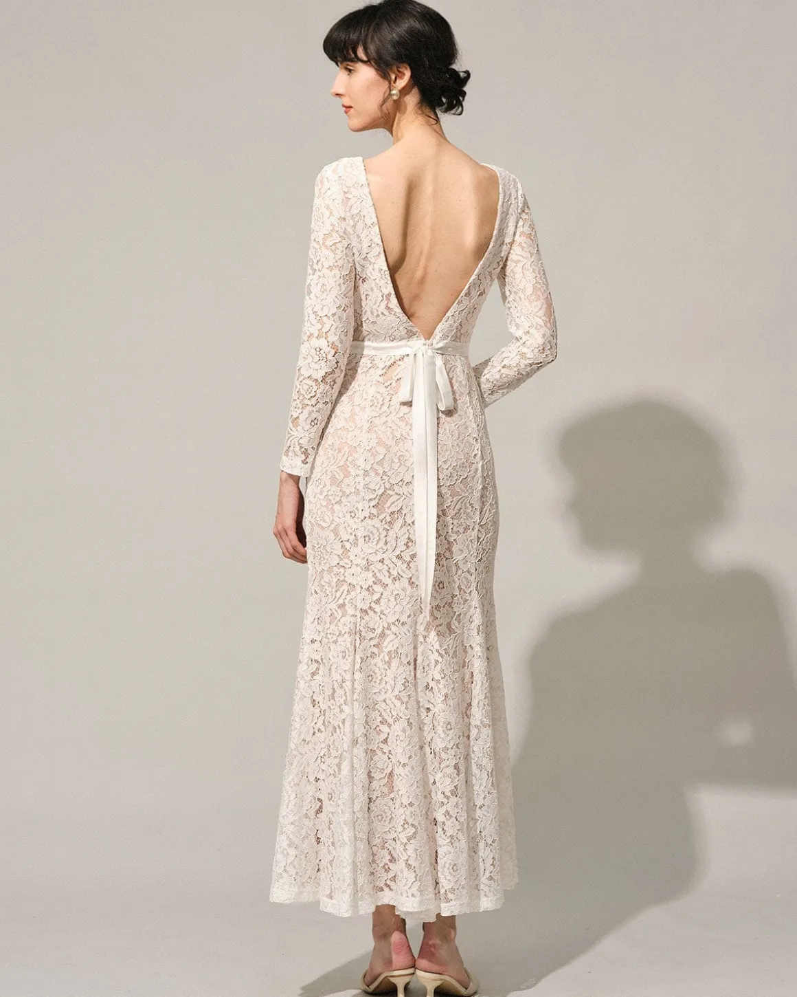 The White Lace Long Sleeve Backless Maxi Dress