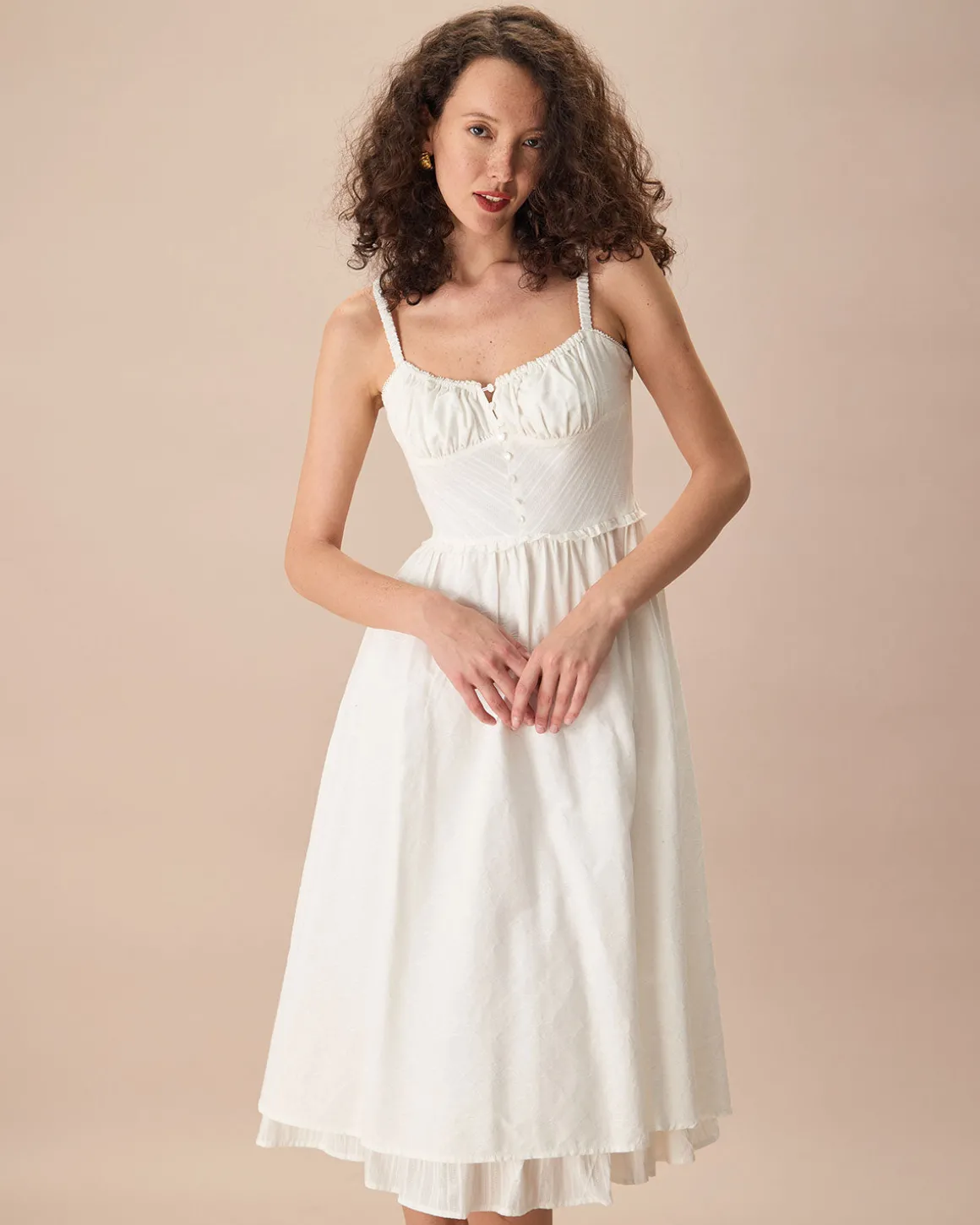 The White Ruched Slip Cotton Midi Dress