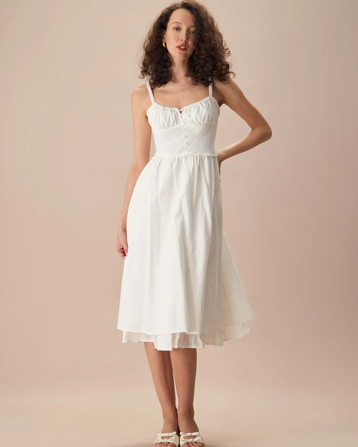The White Ruched Slip Cotton Midi Dress