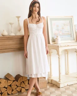 The White Ruched Slip Cotton Midi Dress