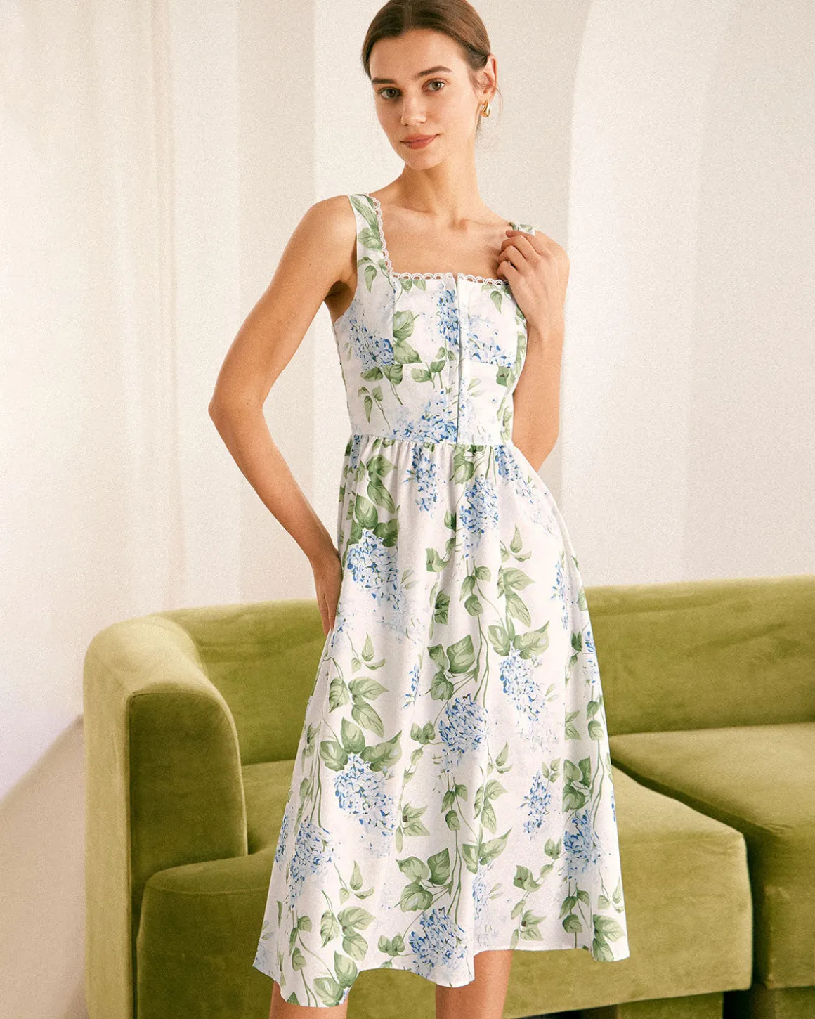The White Square Neck Floral A-Line Midi Dress
