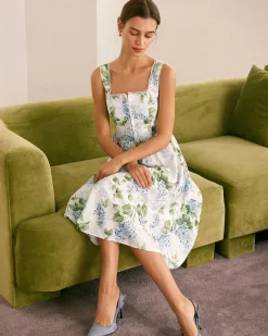 The White Square Neck Floral A-Line Midi Dress