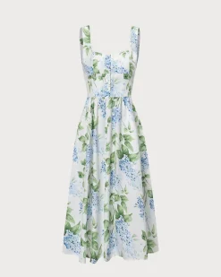 The White Square Neck Floral A-Line Midi Dress