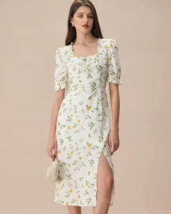 The White Square Neck Frill Trim Floral Midi Dress