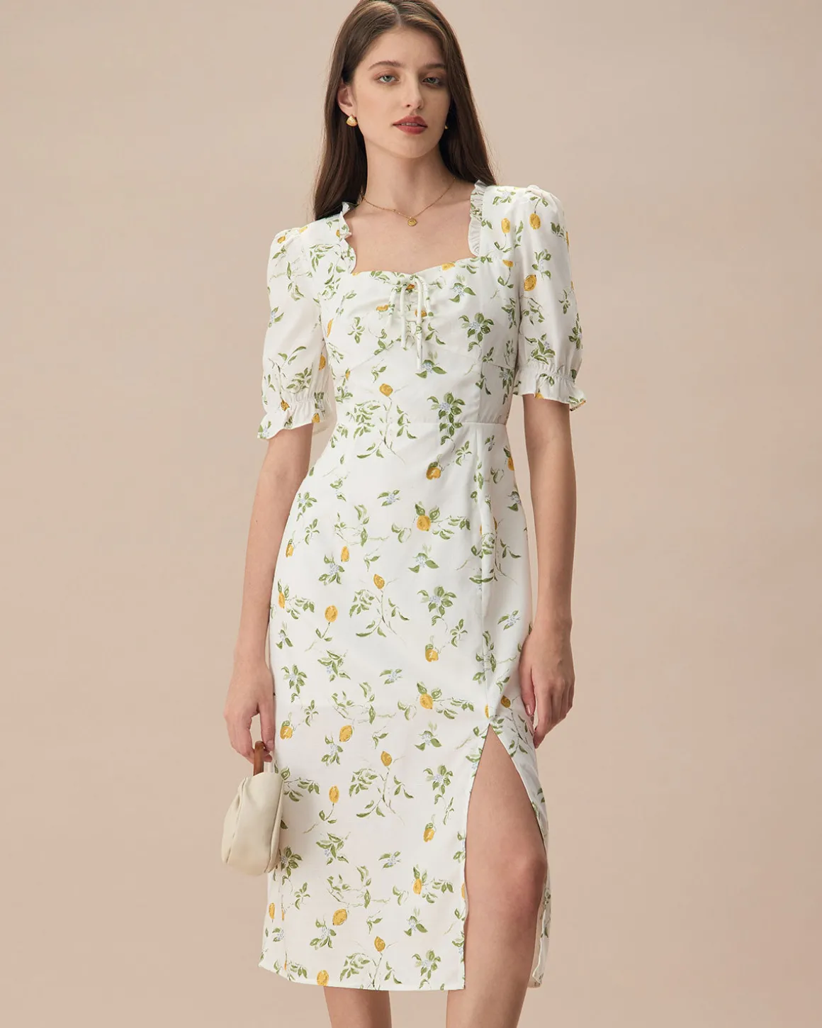 The White Square Neck Frill Trim Floral Midi Dress