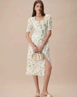 The White Square Neck Frill Trim Floral Midi Dress