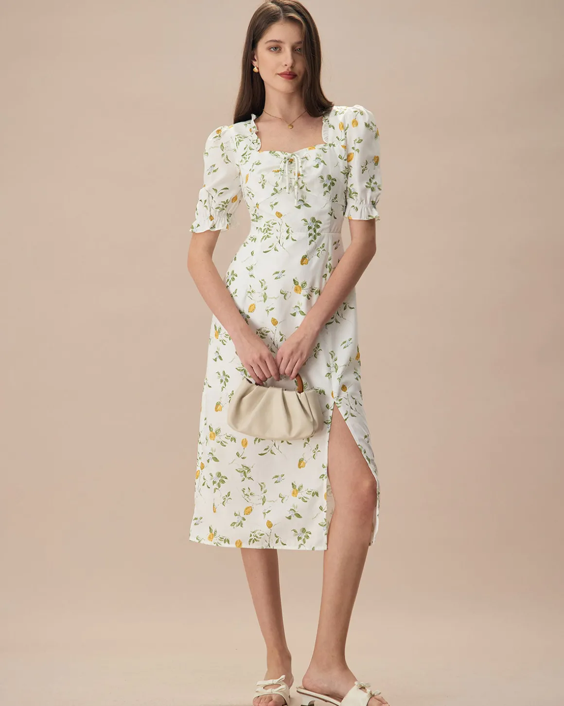 The White Square Neck Frill Trim Floral Midi Dress