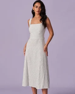 The White Square Neck Striped Midi Dress