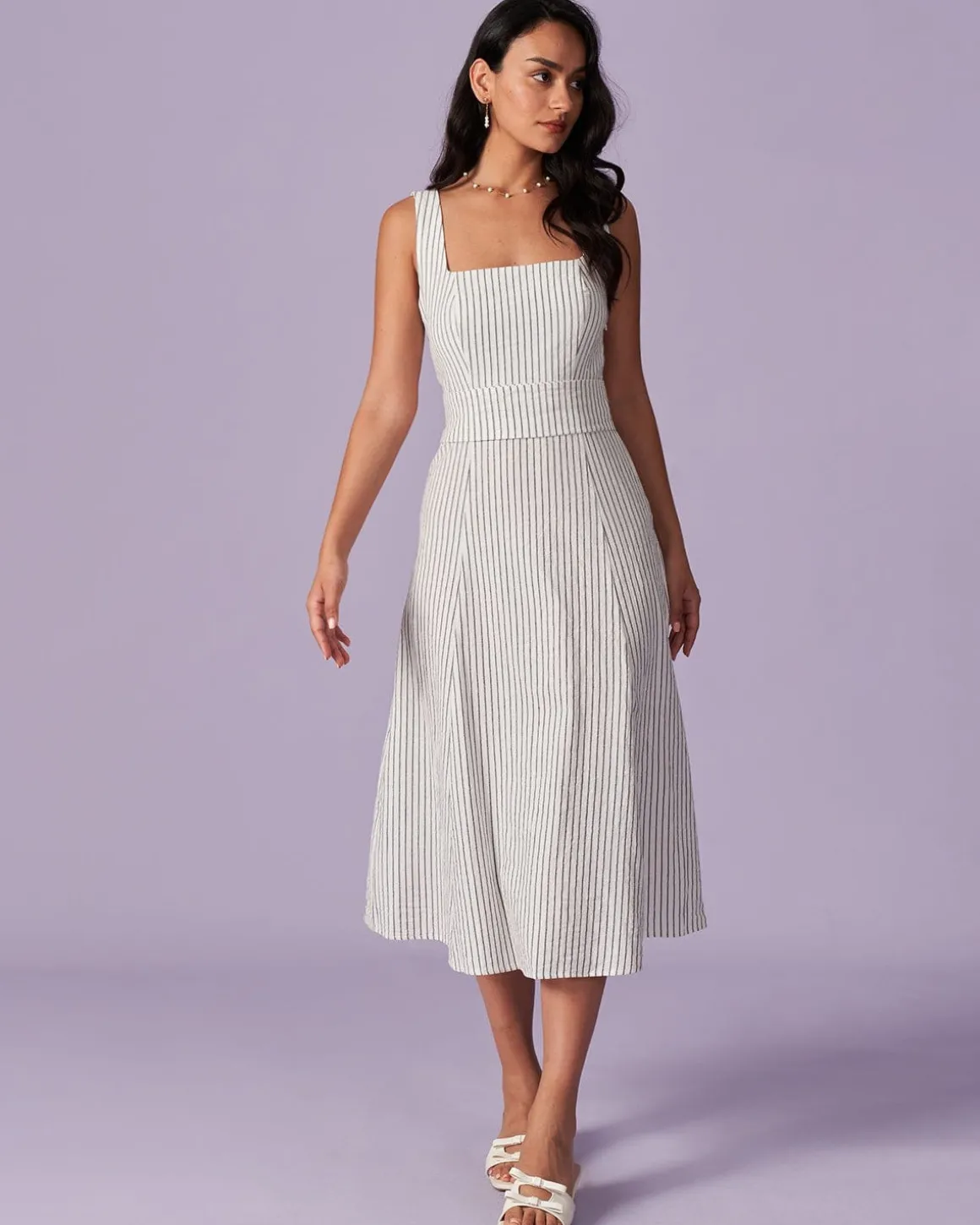 The White Square Neck Striped Midi Dress