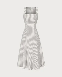 The White Square Neck Striped Midi Dress