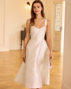 The White Sweetheart Neck Jacquard Midi Dress