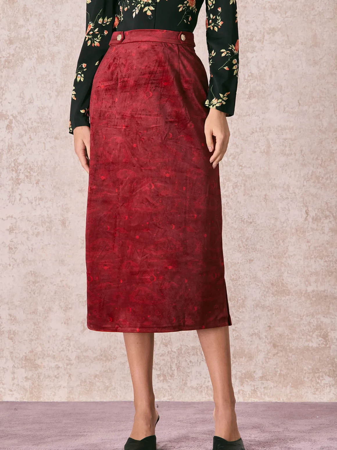 The Wine Red Split Hem Velvet Midi Skirt