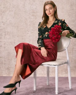 The Wine Red Split Hem Velvet Midi Skirt