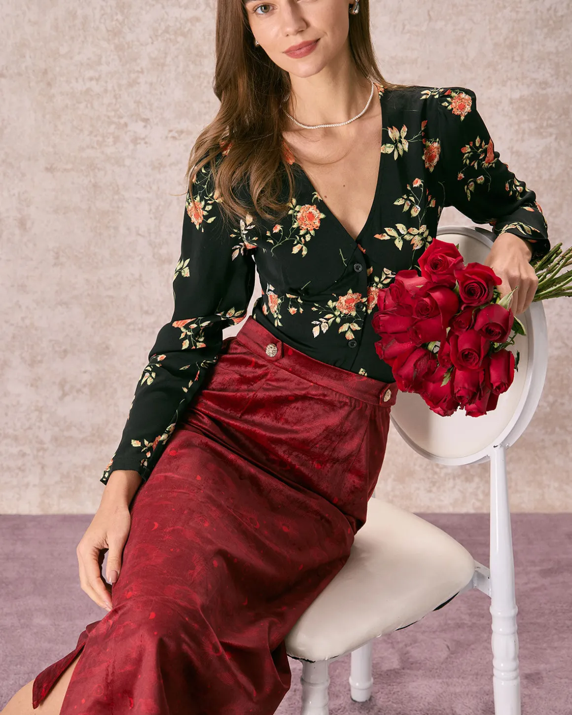 The Wine Red Split Hem Velvet Midi Skirt