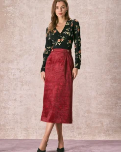 The Wine Red Split Hem Velvet Midi Skirt