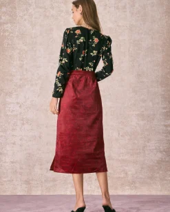 The Wine Red Split Hem Velvet Midi Skirt