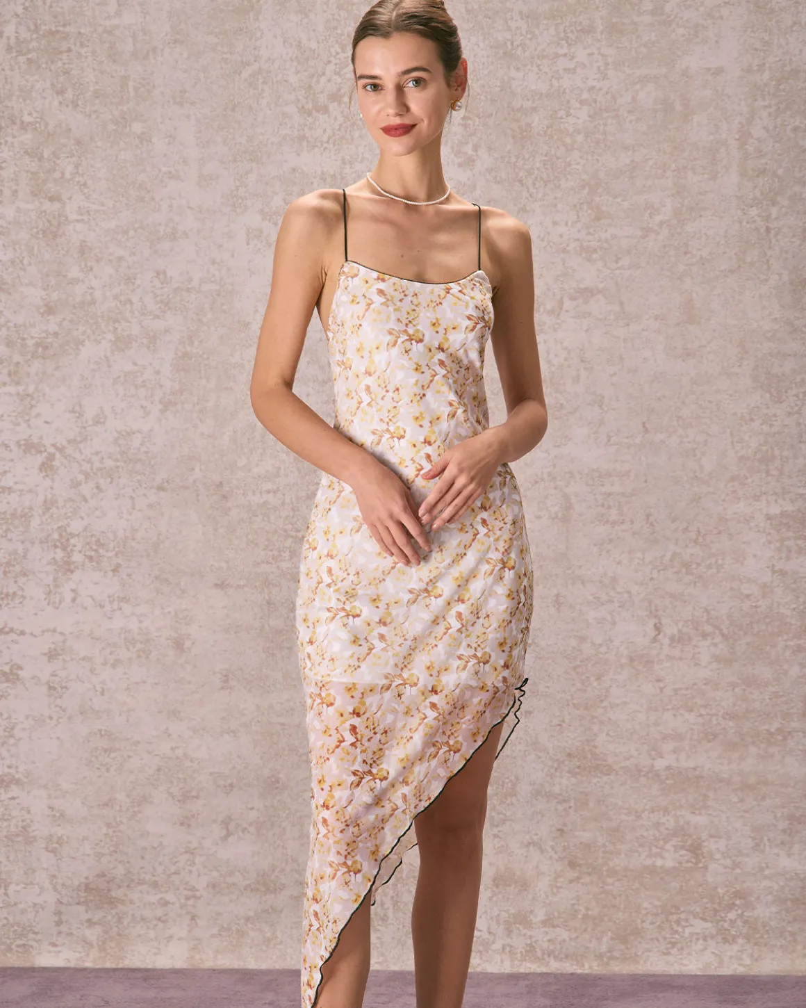 The Yellow Asymmetric Hem Floral Midi Dress