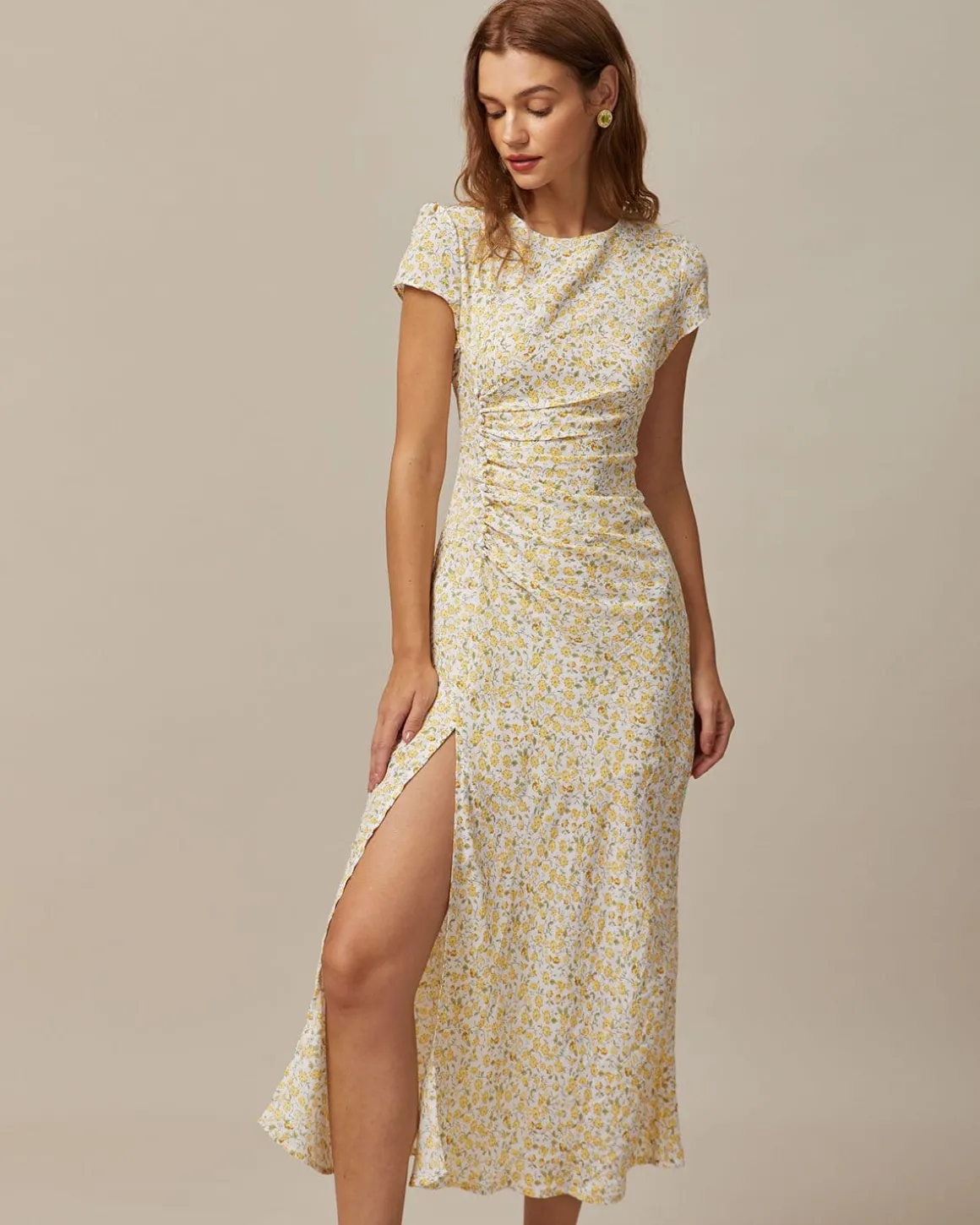 The Yellow Round Neck Floral Midi Dress