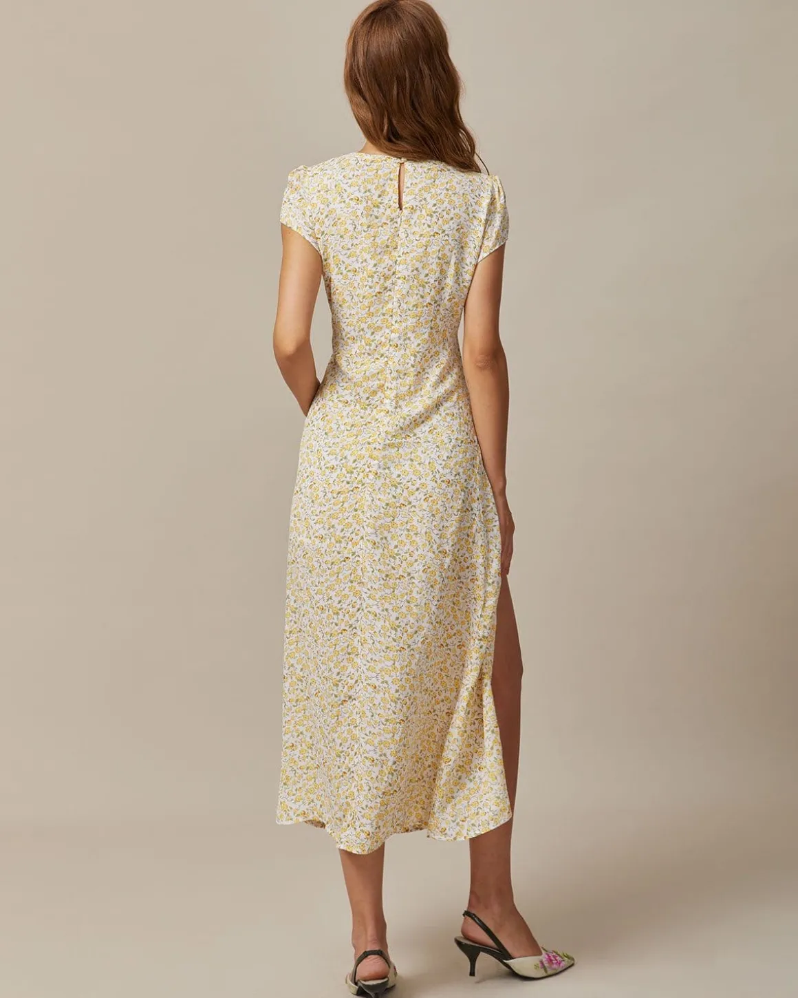 The Yellow Round Neck Floral Midi Dress