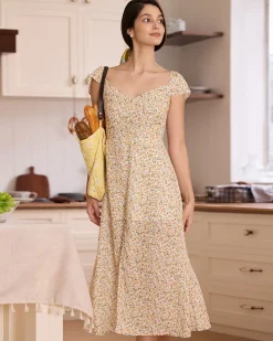 The Yellow V Neck Floral Slit Midi Dress