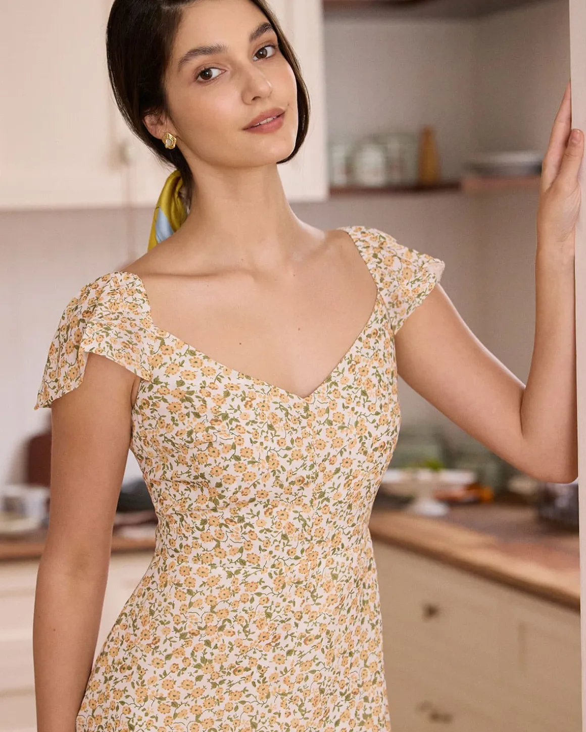 The Yellow V Neck Floral Slit Midi Dress