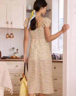 The Yellow V Neck Floral Slit Midi Dress