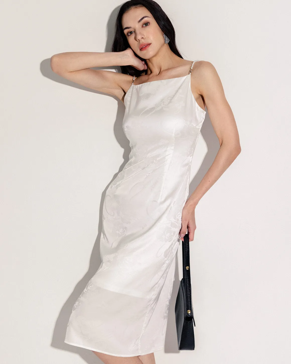 White Beaded Strap Slip Midi Dress