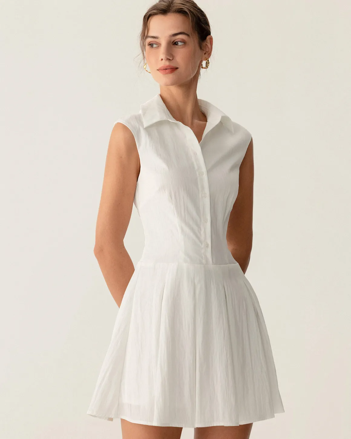 White Button A-Line Sleeveless Mini Dress