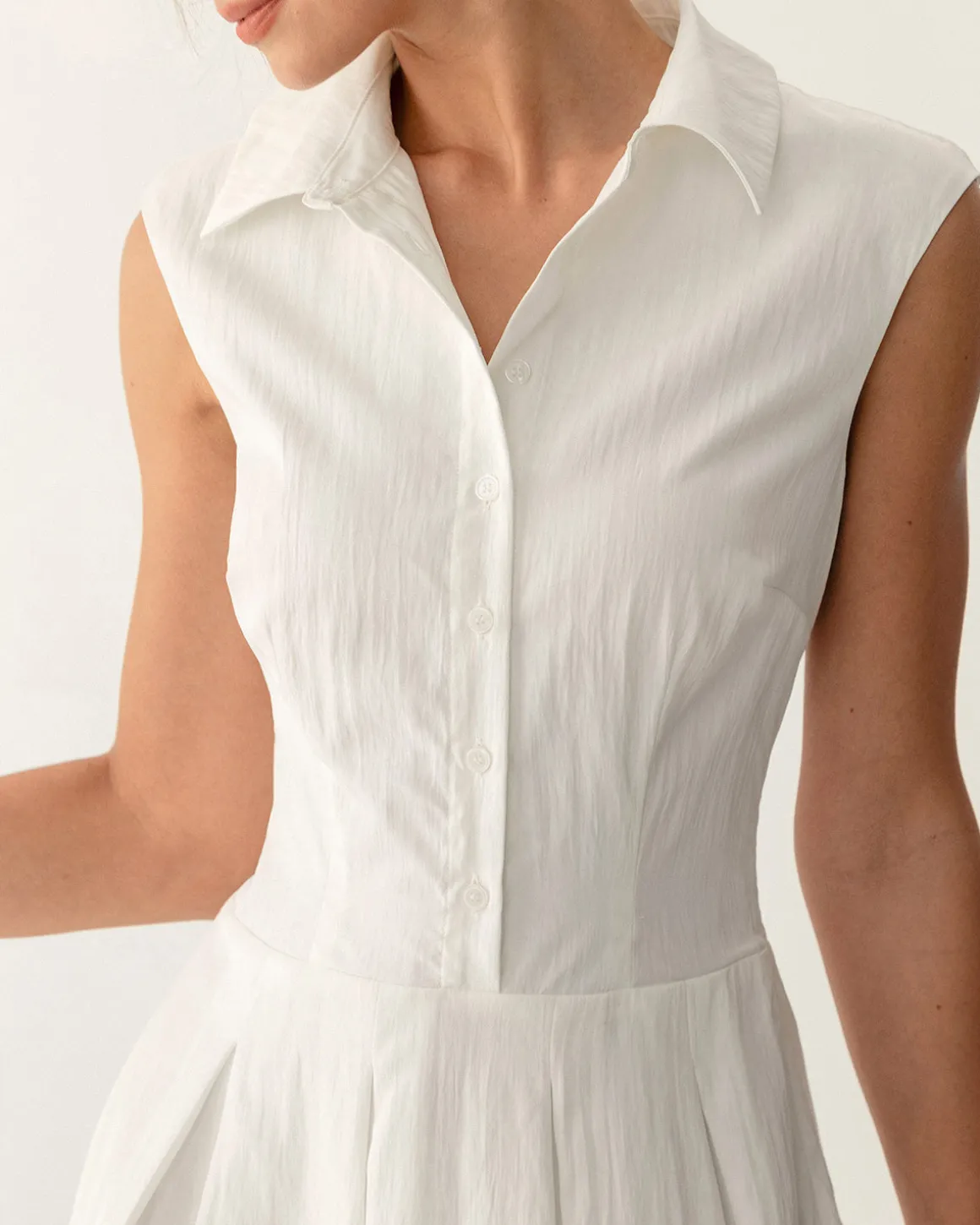 White Button A-Line Sleeveless Mini Dress